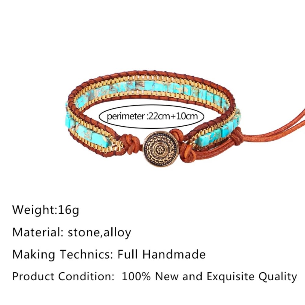 Natural Stone 4mm Square Emperor Stone Beaded Bracelet Hand Braided Venetian Chain Leather Bracelet for Men Women Gifts